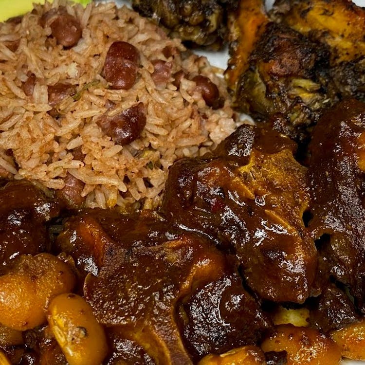 Rice and Peas, Oxtail, and Jerk Chicken image