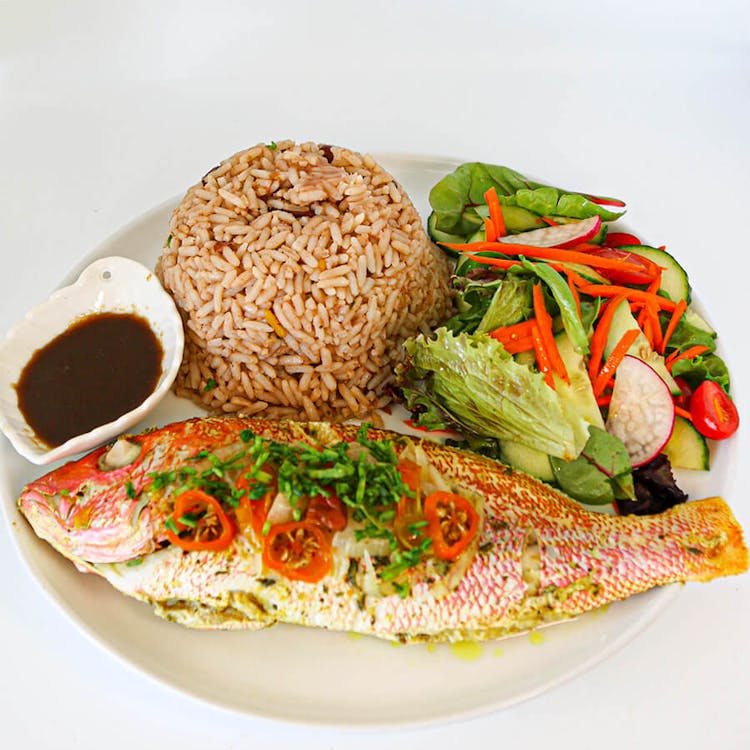 Caribbean Steamed-Roasted Fish with Coconut Rice n Peas and House Salad image