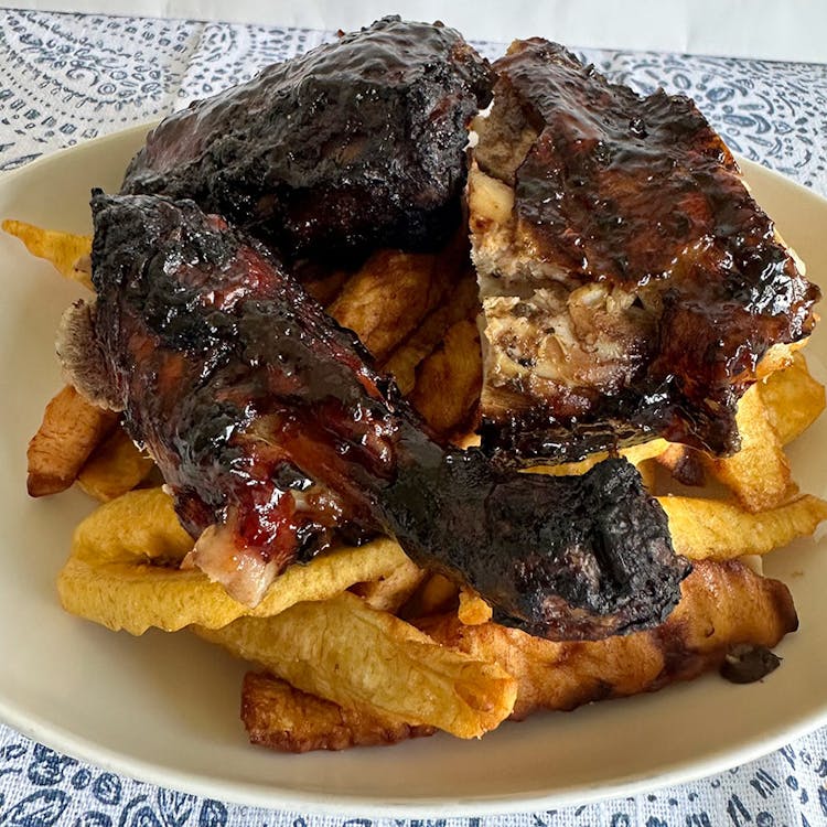 Crinkle Cut Plantain Fries with Glazed Jerk Chicken image