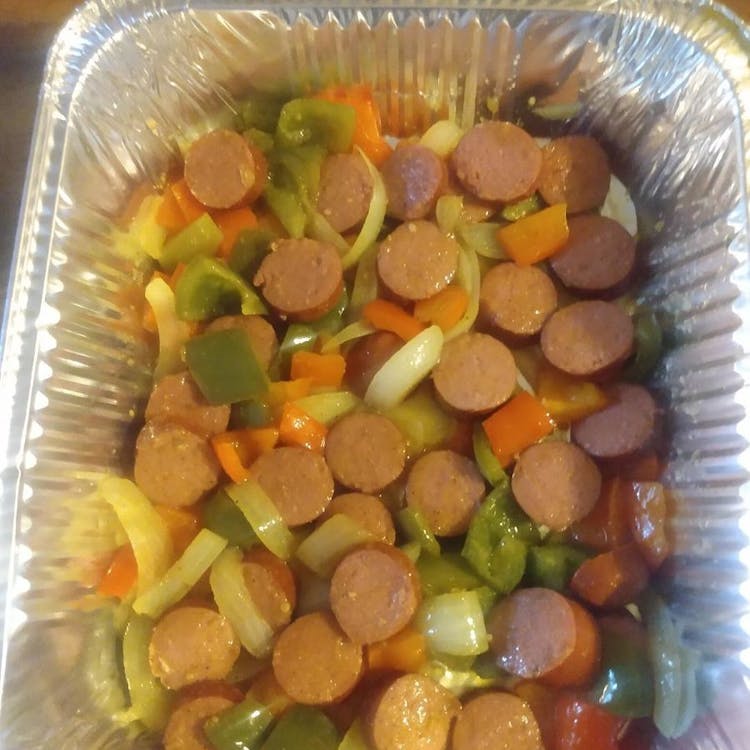 Whole Pan of Smoked Beef Sausage Peppers & Veggies image